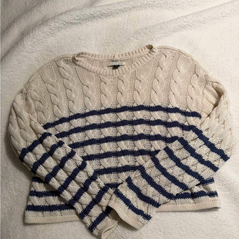 American Eagle Outfitters Cable Knit Sweater - Cream and Navy